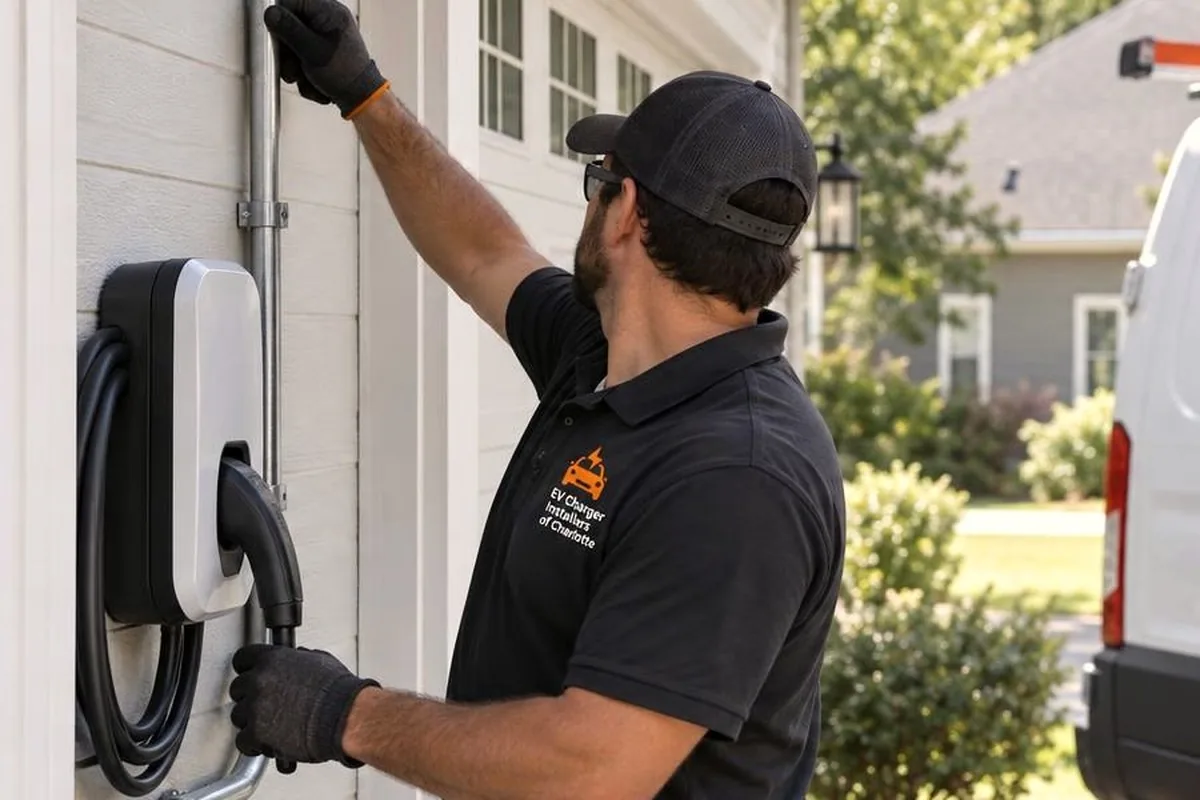 Electrician in gloves fitting a wall-mounted EV charger beside a white garage door