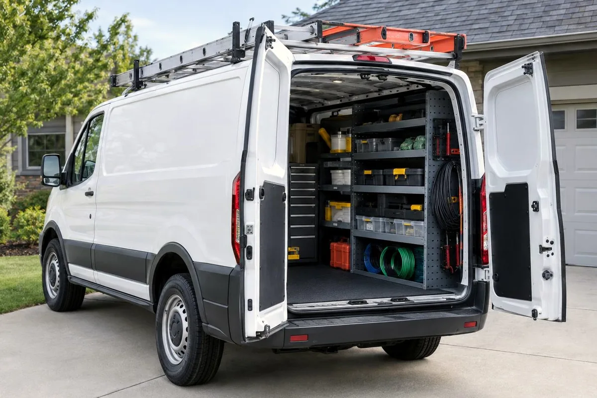 White work van with its rear doors open, showing shelves of tools and wire spools, parked in a driveway