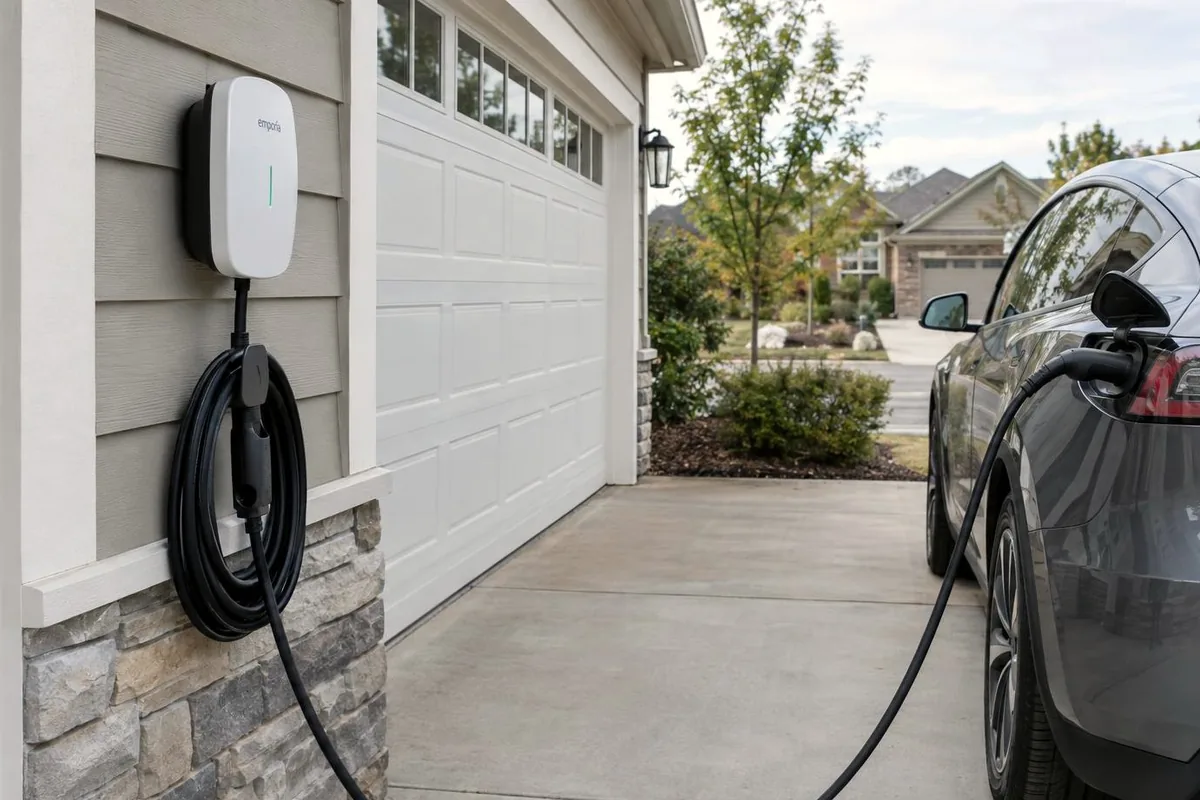 Wall-mounted EV charger on a garage wall with its cable coiled on the unit